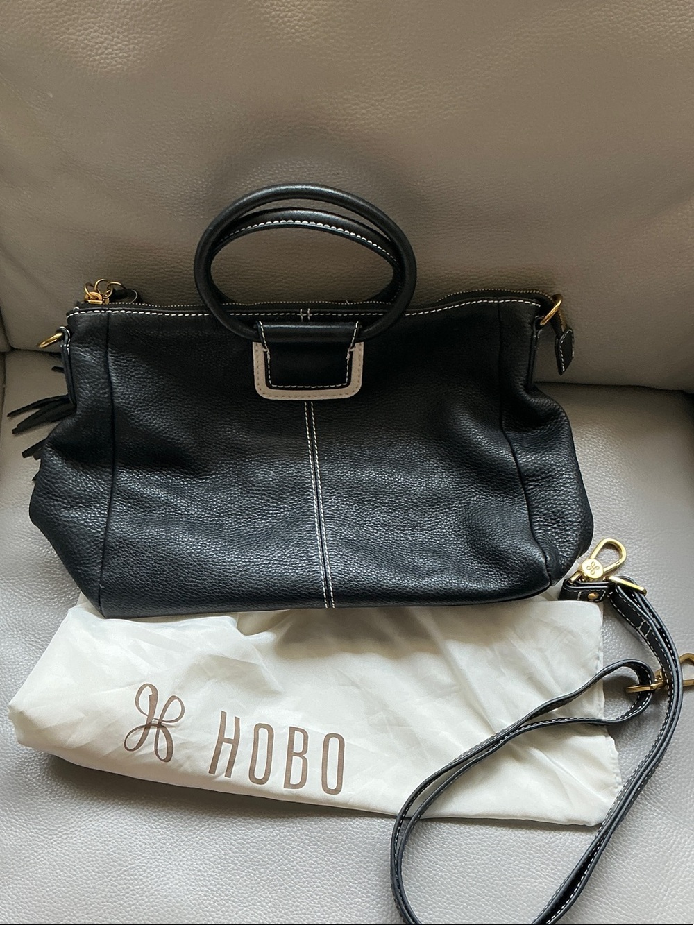 HOBO Black Pebbled Leather Top-Handle Hobo with Gold Hardware